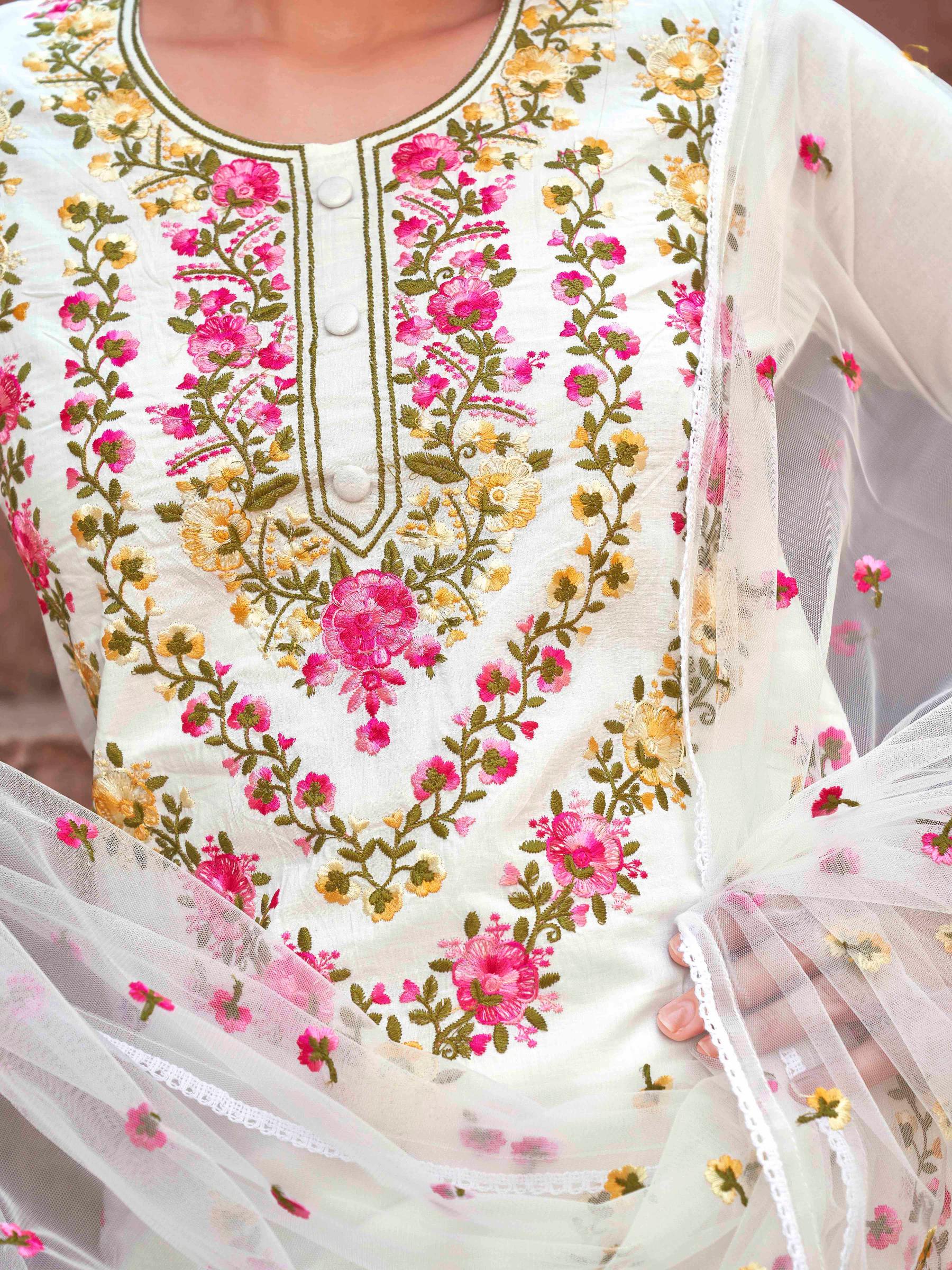 White Cotton With Multi Thread Embroidered Kurta Set